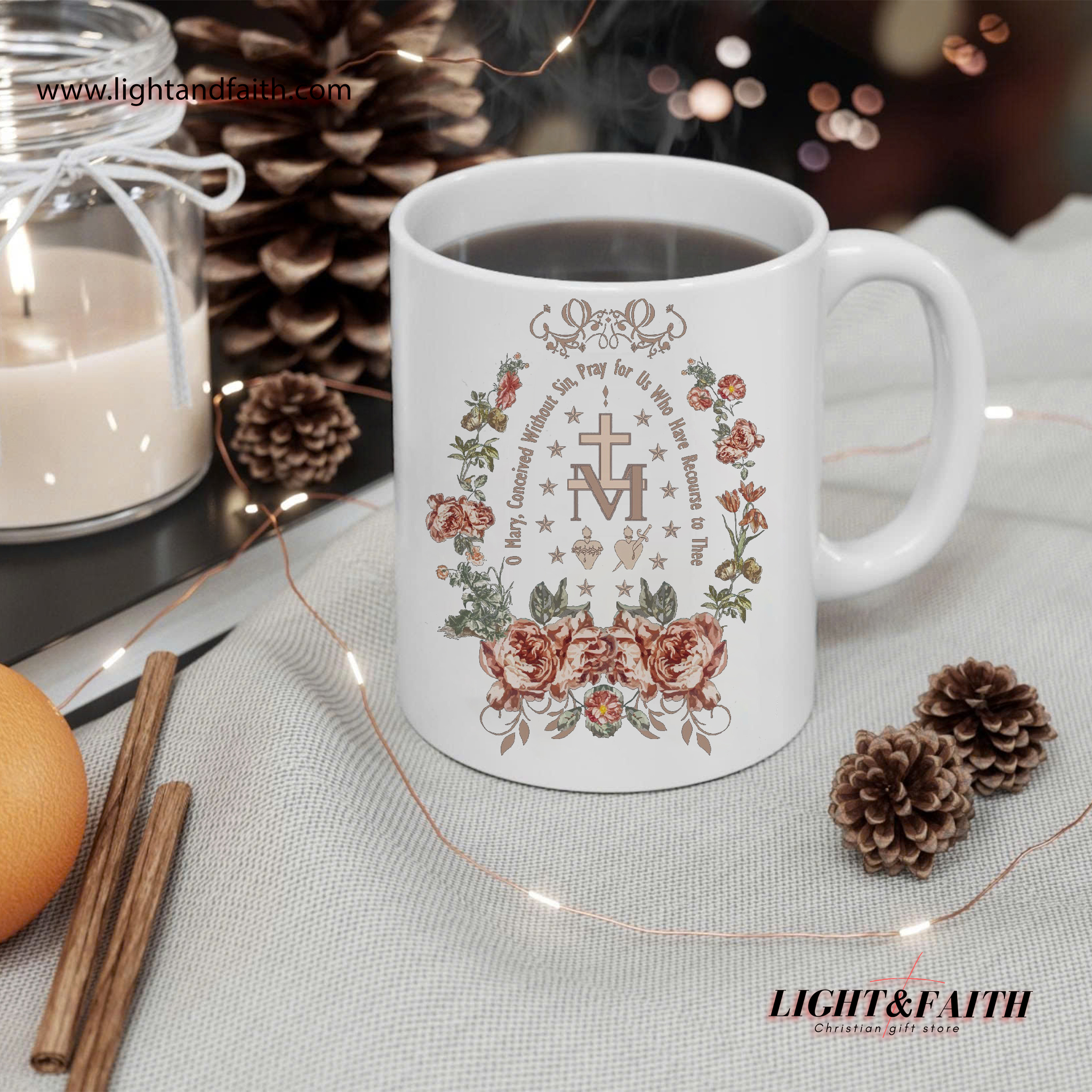 Catholic Marian Prayer Mug – O Mary Conceived Without Sin Mug, Floral Virgin Mary Gift MULAF41